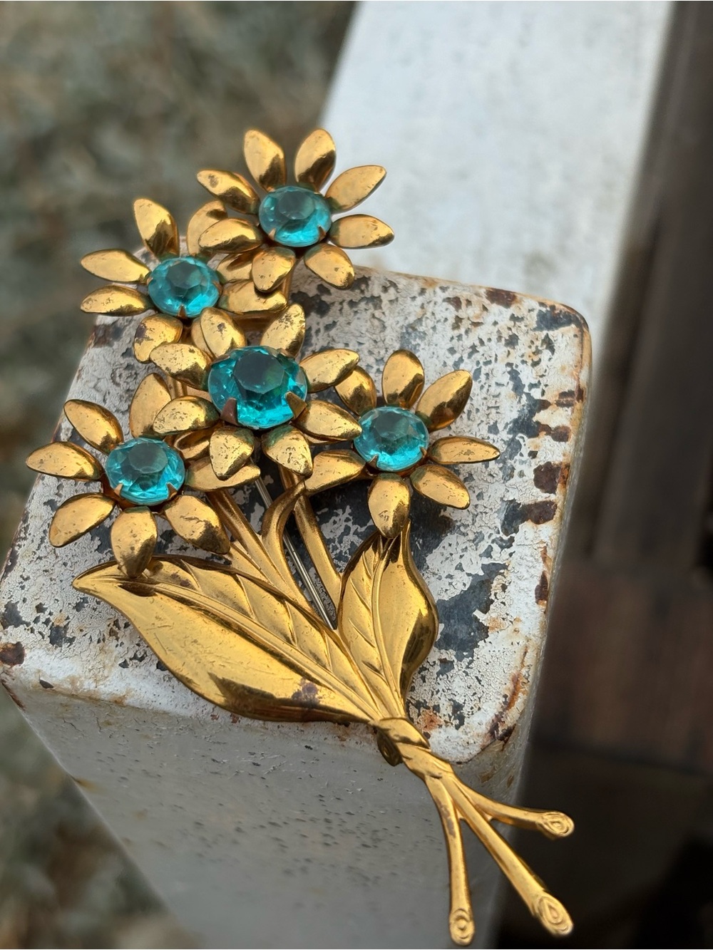 Brass Floral Brooch Made Of Auqua-Glass